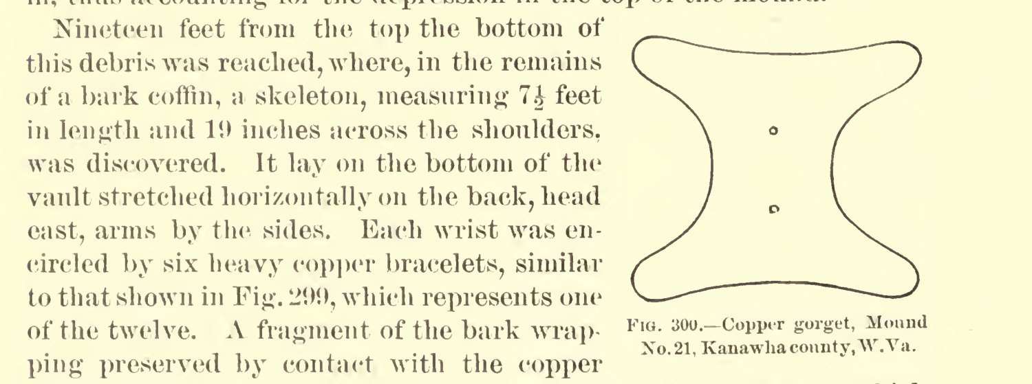 Scan: Nineteen feet from the top the bottom of this debris was reached, where, in the remains of a bark coffin, a skeleton, measuring 7½ feet in length and 19 inches across the shoulders, was discovered.